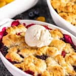 Close up view of old fashioned berry cobbler.