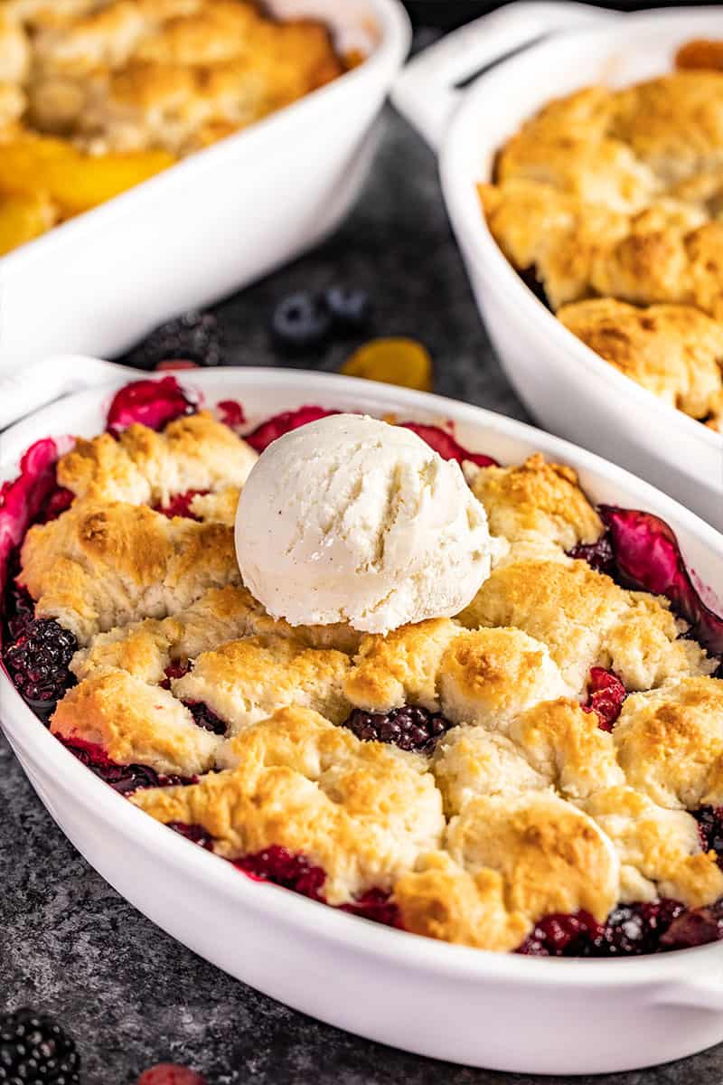 Close up view of old fashioned berry cobbler.