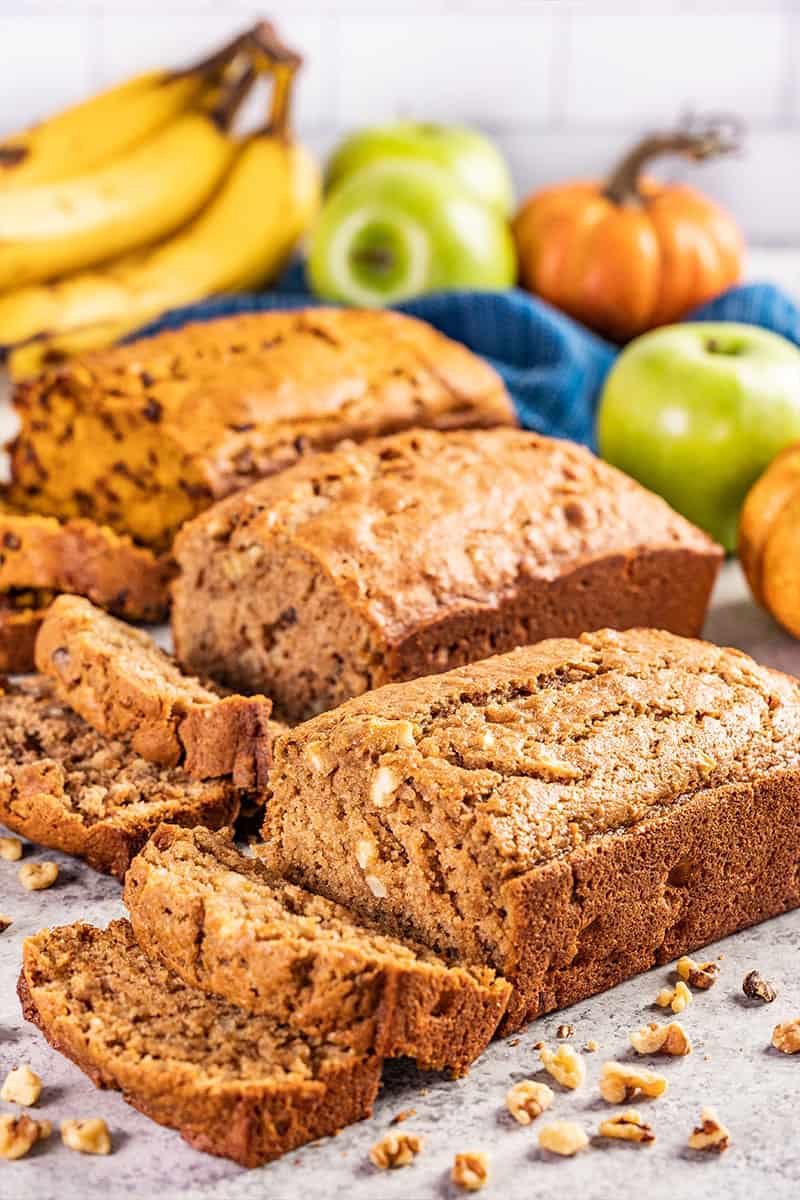 Quick bread loaves on the counter.