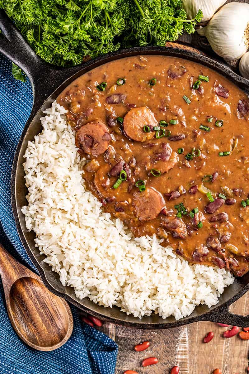 Overhead view of red beans and rice.