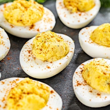 Close up view of deviled eggs.