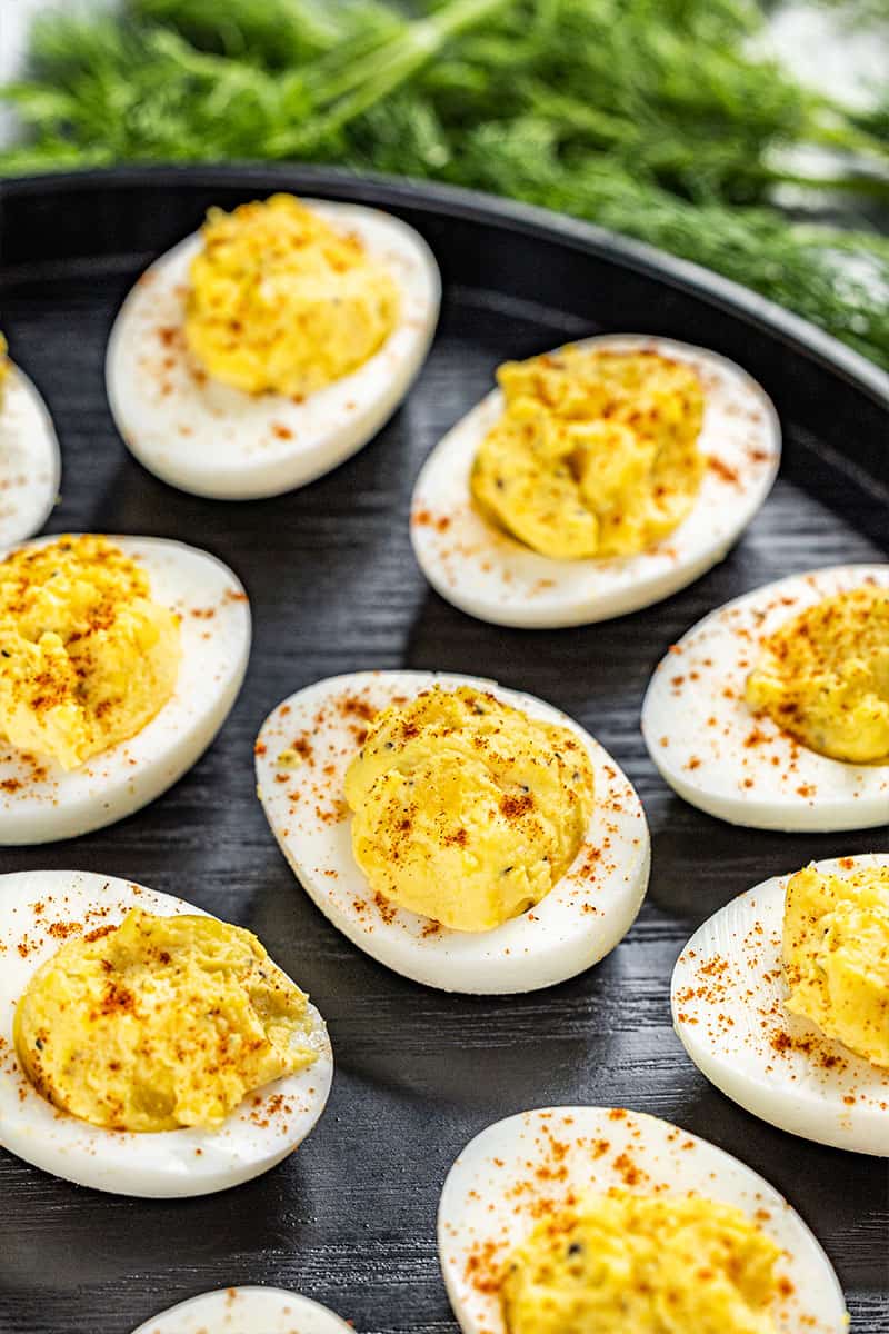 Deviled eggs on a tray.