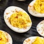 Close up view of deviled eggs.