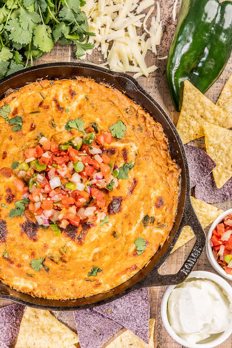 Overhead view of cheesy skillet taco dip.