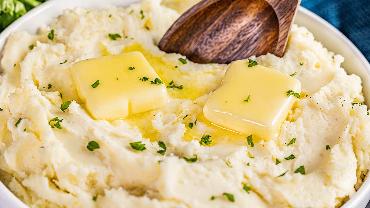 Close up view of creamy mashed potatoes.