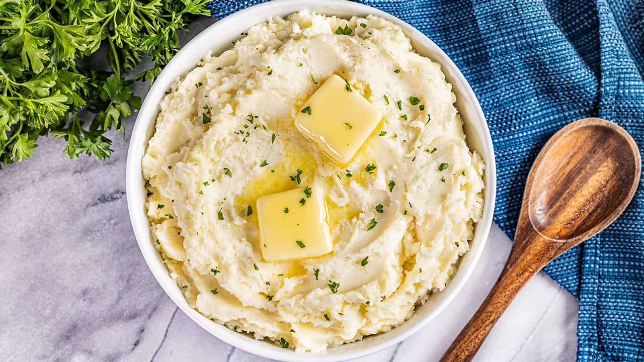 Overhead view of creamy mashed potatoes.