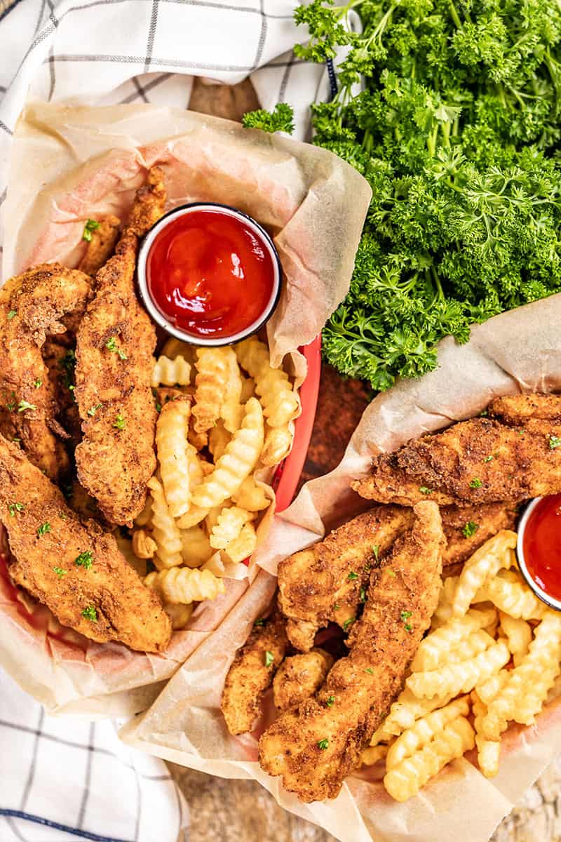 Overhead view of crispy homemade chicken fingers.