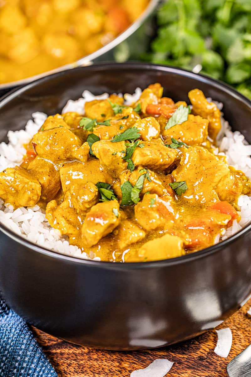 Close up view of chicken coconut curry.