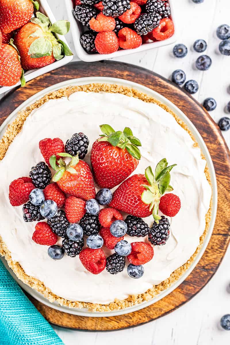 Overhead view of no bake cheesecake.