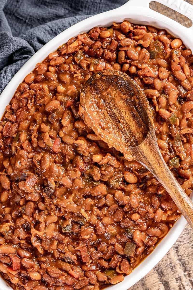 Overhead view of a baking dish filled with baked beans.