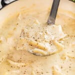 Chicken and dumplings in a pot.