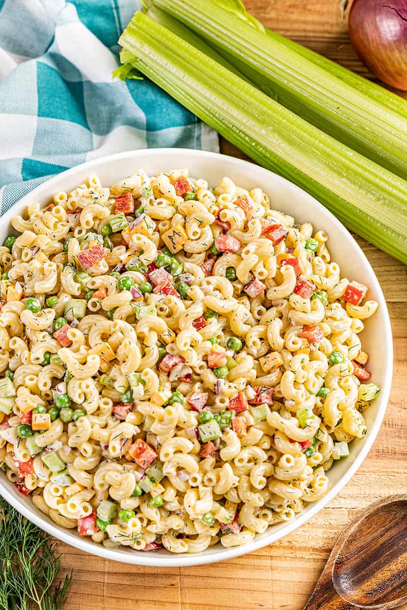 Overhead view of macaroni salad.