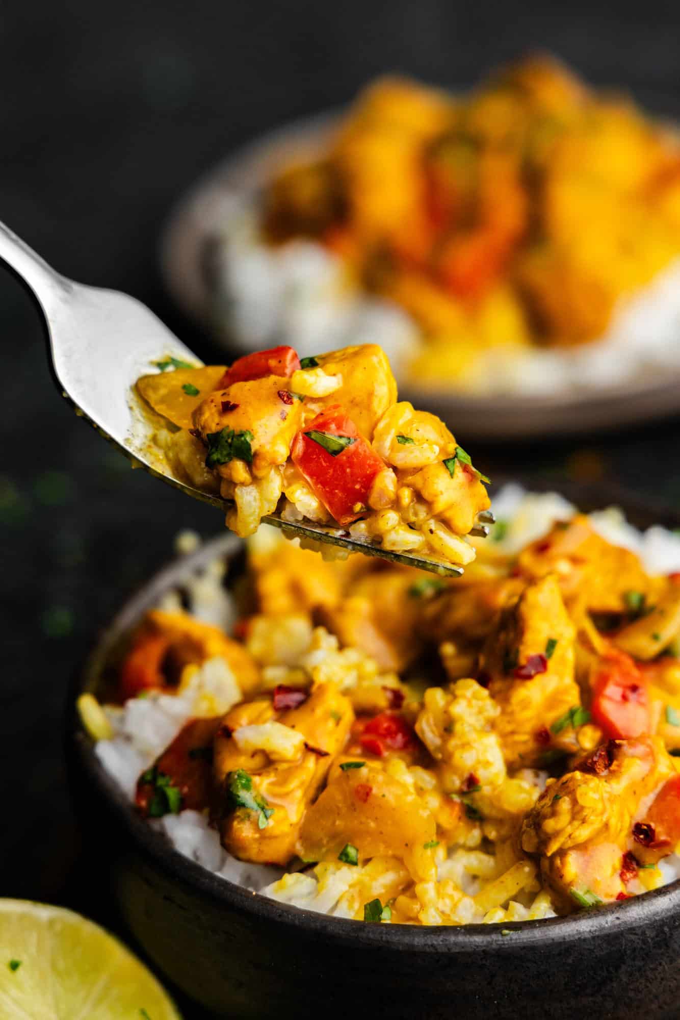 A bowl filled with rice and coconut chicken curry, with a fork lifting a bite out.