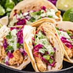 Close up view of fish tacos.