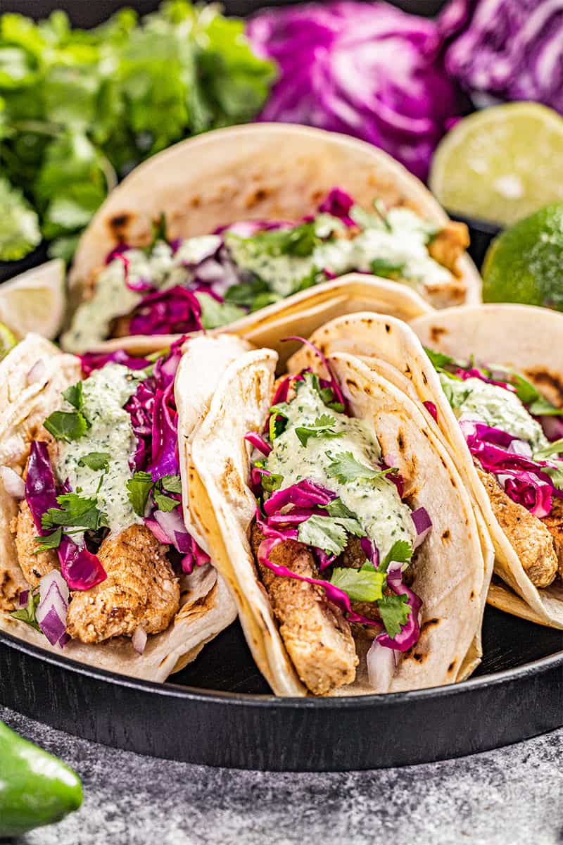 Close up view of fish tacos.