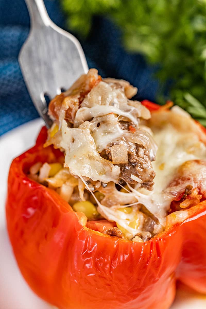 A fork filled with bell pepper stuffing.