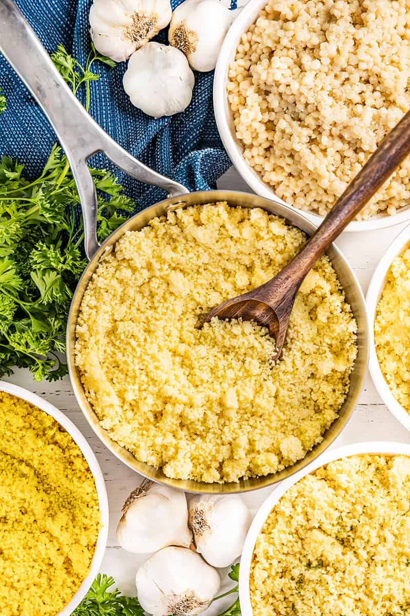 Overhead view of various types of couscous.