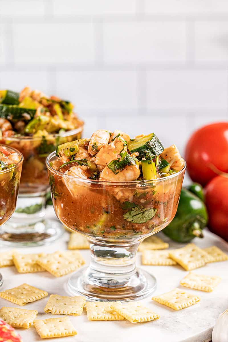 Mexican shrimp cocktail on a table.