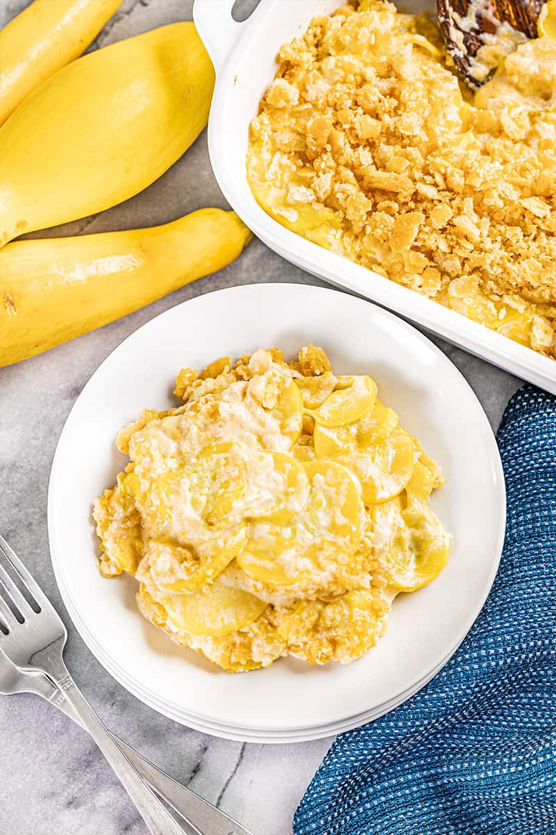 Overhead view of a serving of squash casserole on a plate.