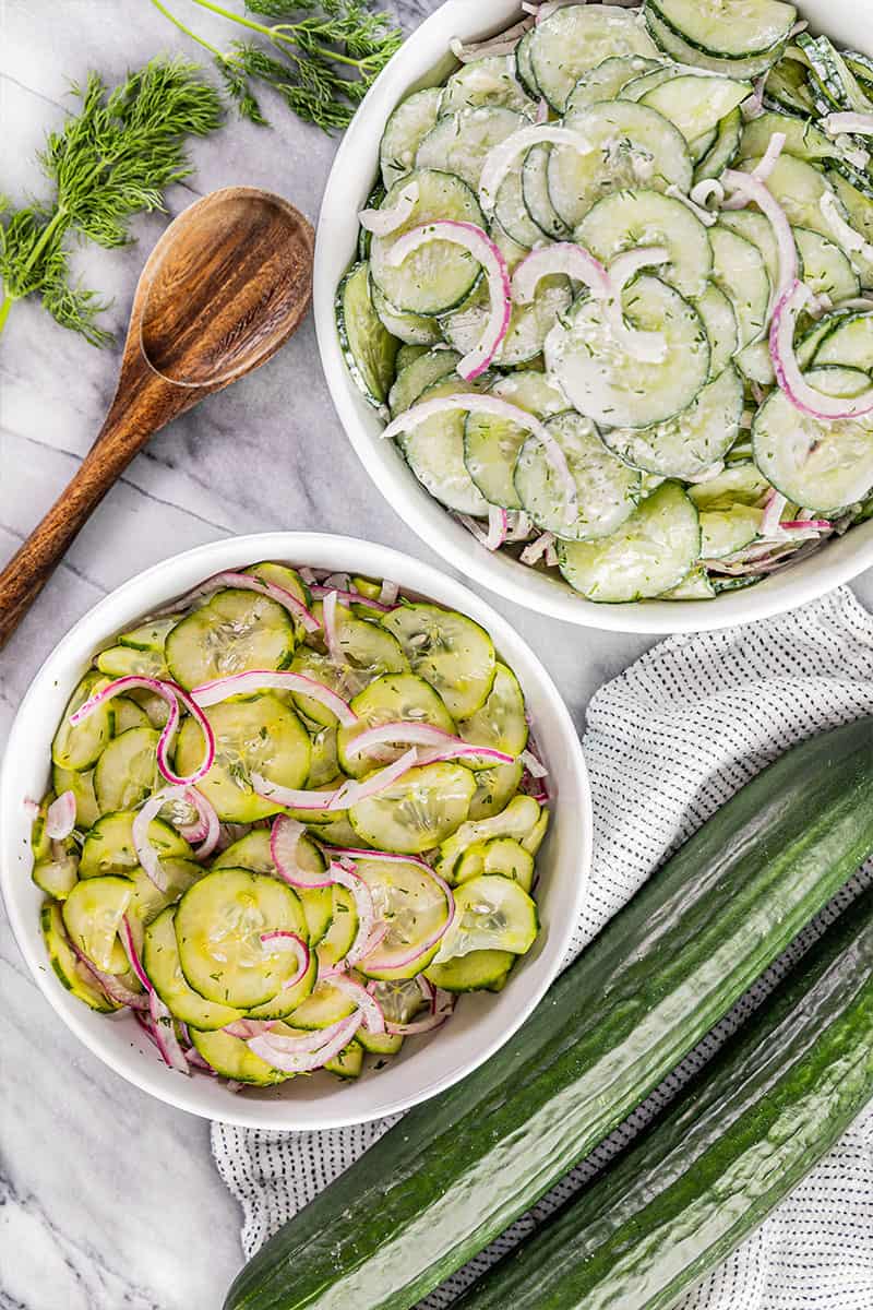 Overhead view of cucumber salad.