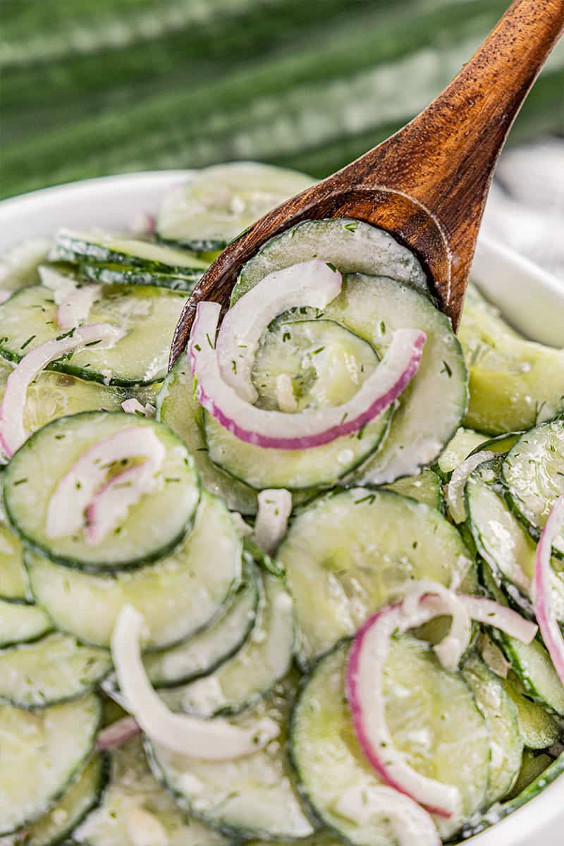 Close up view of cucumber salad.