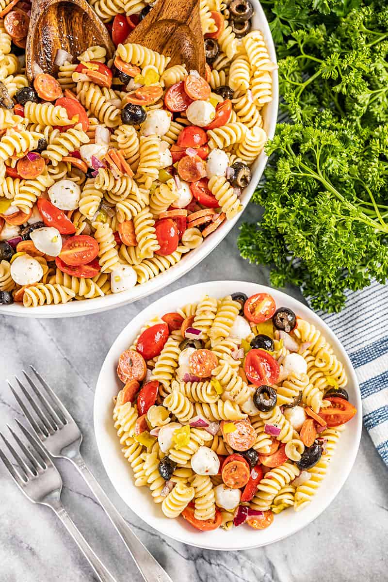 Overhead view of Italian pasta salad.