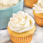 Close up view of a cupcake with buttercream frosting.