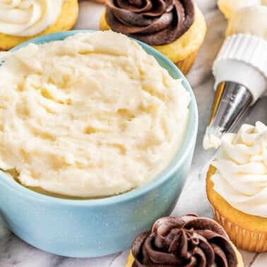 Buttercream frosting in a bowl.