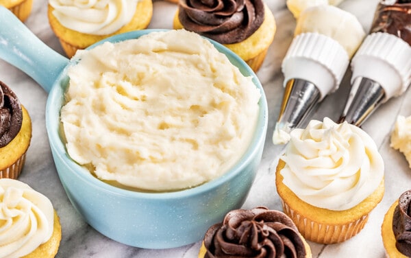 Buttercream frosting in a bowl.