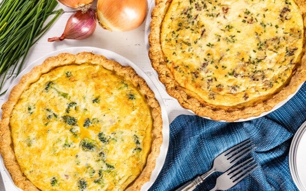 Overhead view of two quiches.