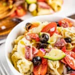 Tortellini pasta salad in a bowl.