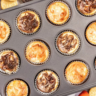 Overhead view of cheesecake cupcakes.