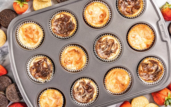 Overhead view of cheesecake cupcakes.