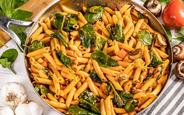 Overhead view of penne rosa in a skillet.