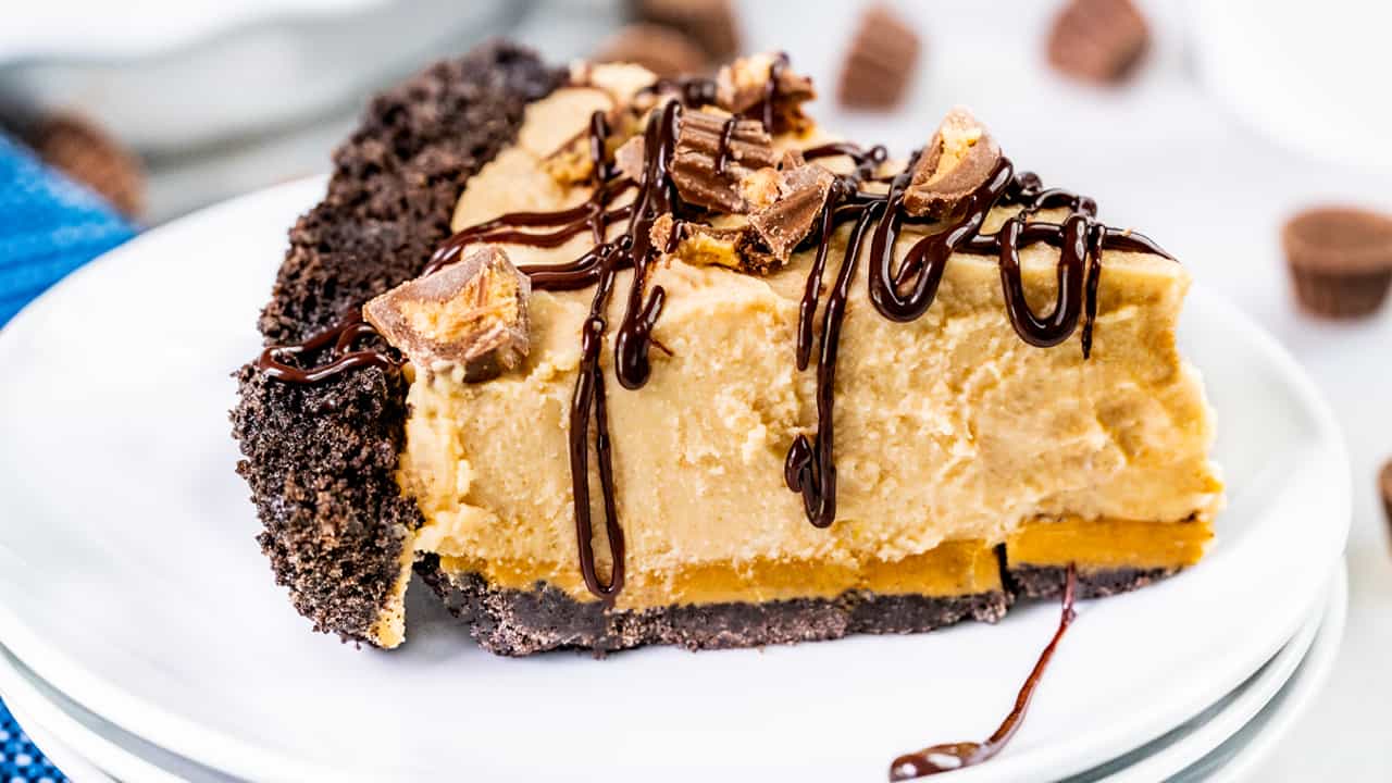 Close up view of a slice of peanut butter pie.