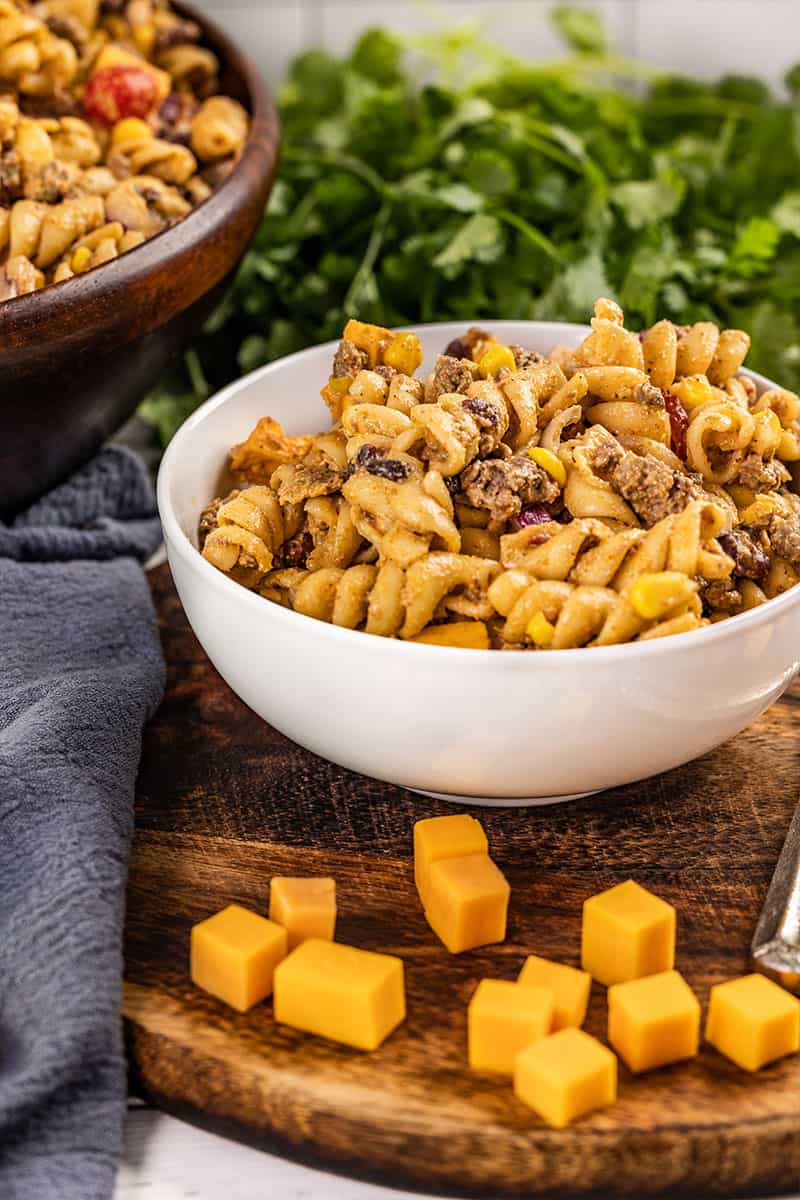 Cowboy pasta salad in a white bowl.