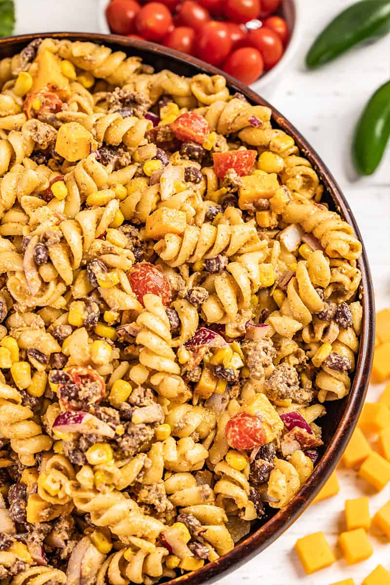 Close up overhead view of cowboy pasta salad.