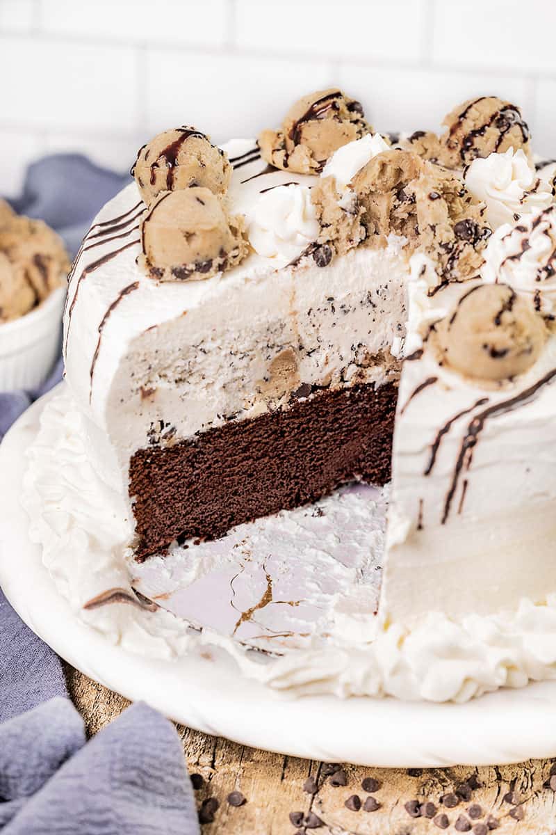 Ice cream cake with cookie dough on top.