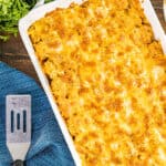 Overhead view of a baking dish filled with tater tot casserole.