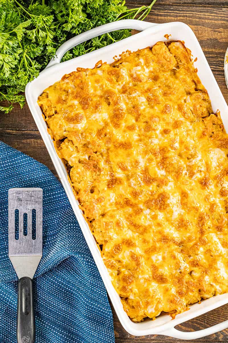 Overhead view of a baking dish filled with tater tot casserole.