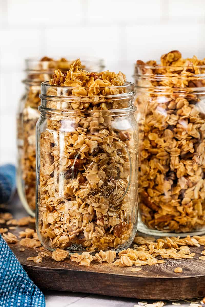 Homemade granola in glass jars.