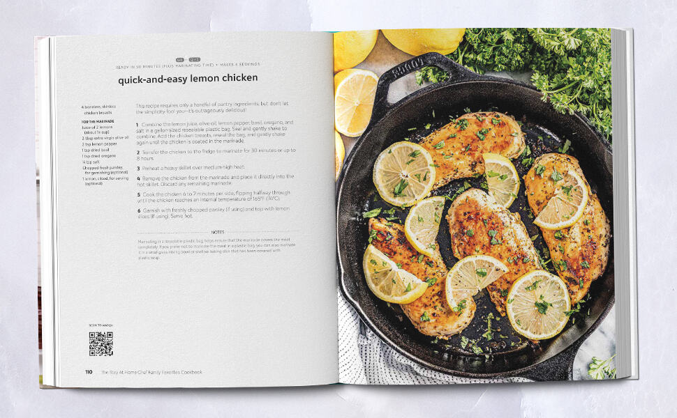 Photograph of the interior of the cookbook showing a recipe for Lemon Chicken. 