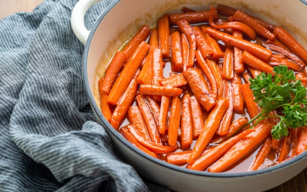 Glazed carrots in a stockpot.