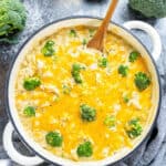 An overhead view of a pan filled with creamy chicken broccoli casserole.