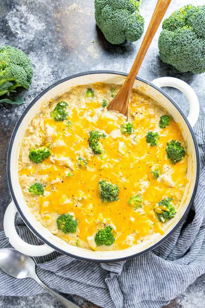 An overhead view of a pan filled with creamy chicken broccoli casserole.