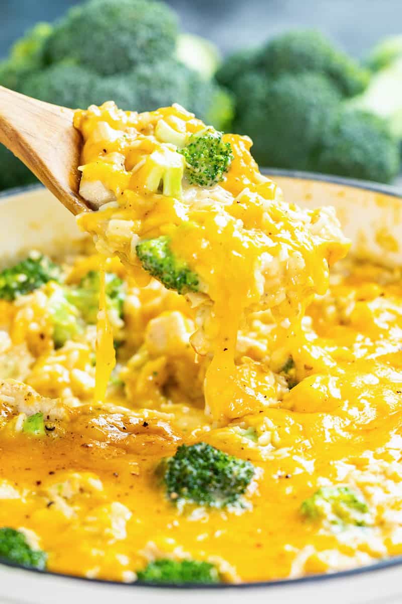 Close up view of lots of melted cheese on top of creamy chicken broccoli casserole.