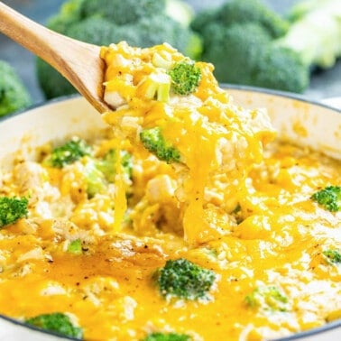 A wooden spoon filled with creamy chicken broccoli casserole being held over the baking dish.