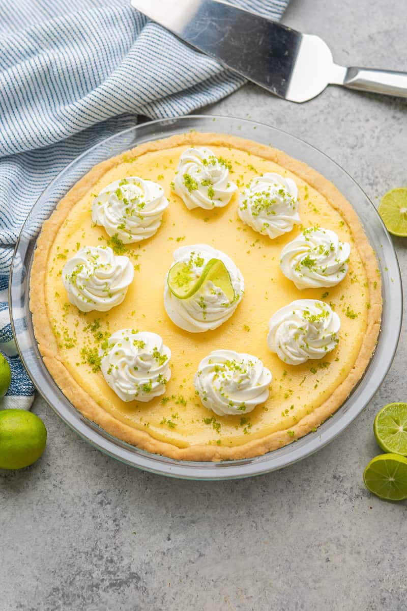 Overhead view of a key lime pie.