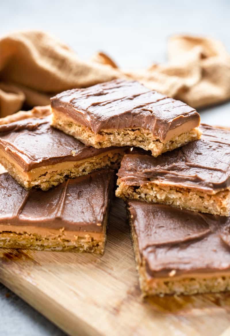 Peanut butter bars stacked on top of each other