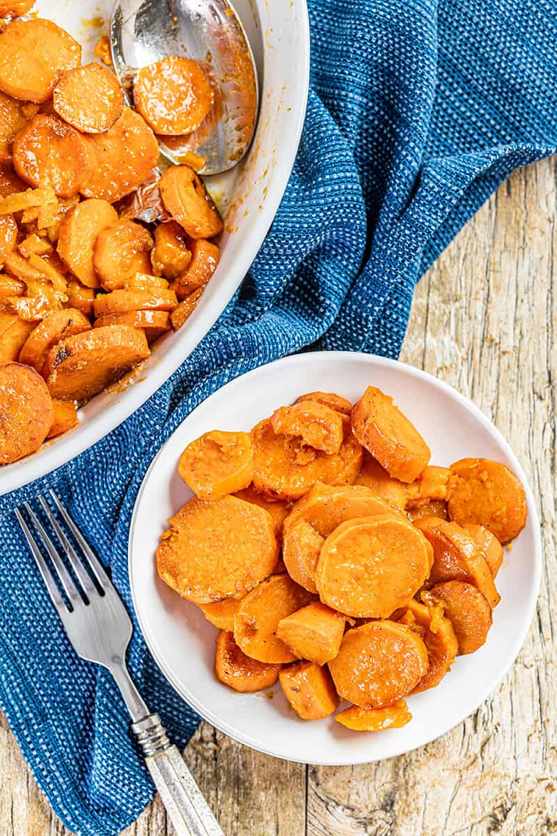 Overhead view of candied yams.